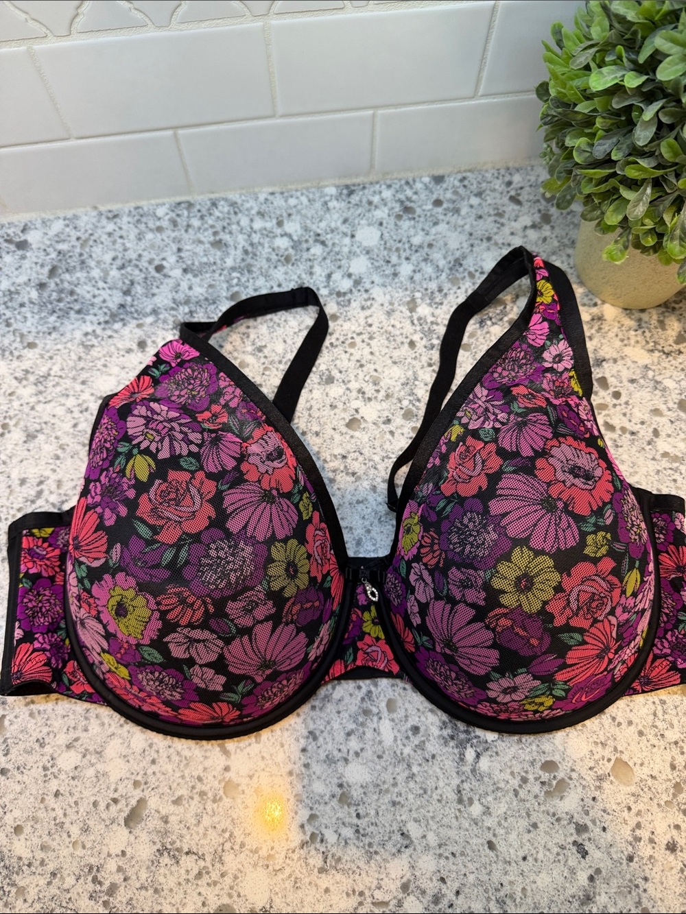 Curvy Couture Floral Push-Up Bra - Black with Pink & Purple Flowers size 44DD